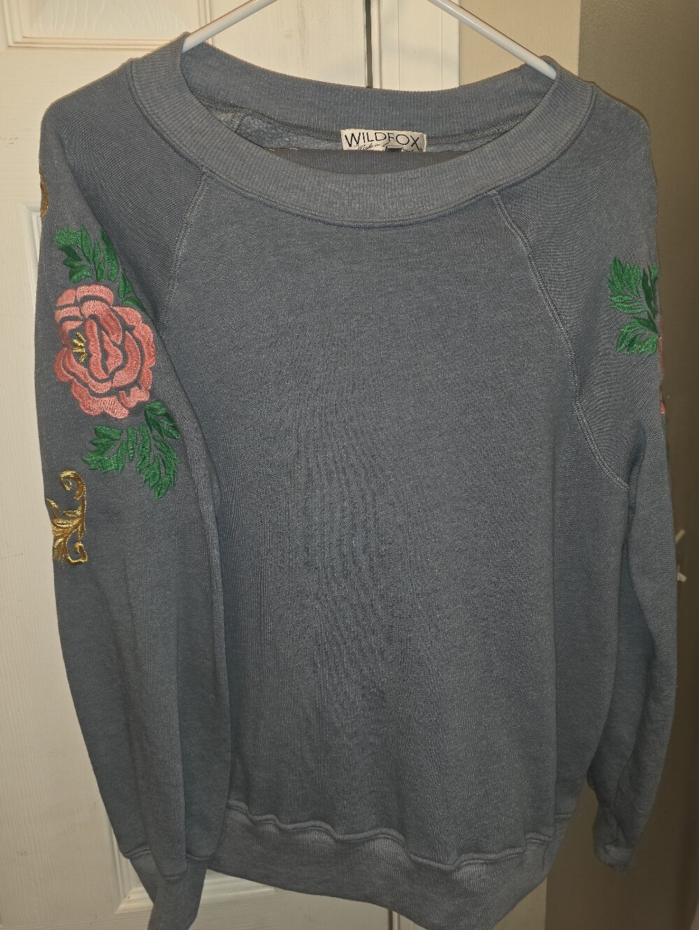 Wildfox Slate Blue Crewneck Sweater with Pink Rose Floral Embroidery